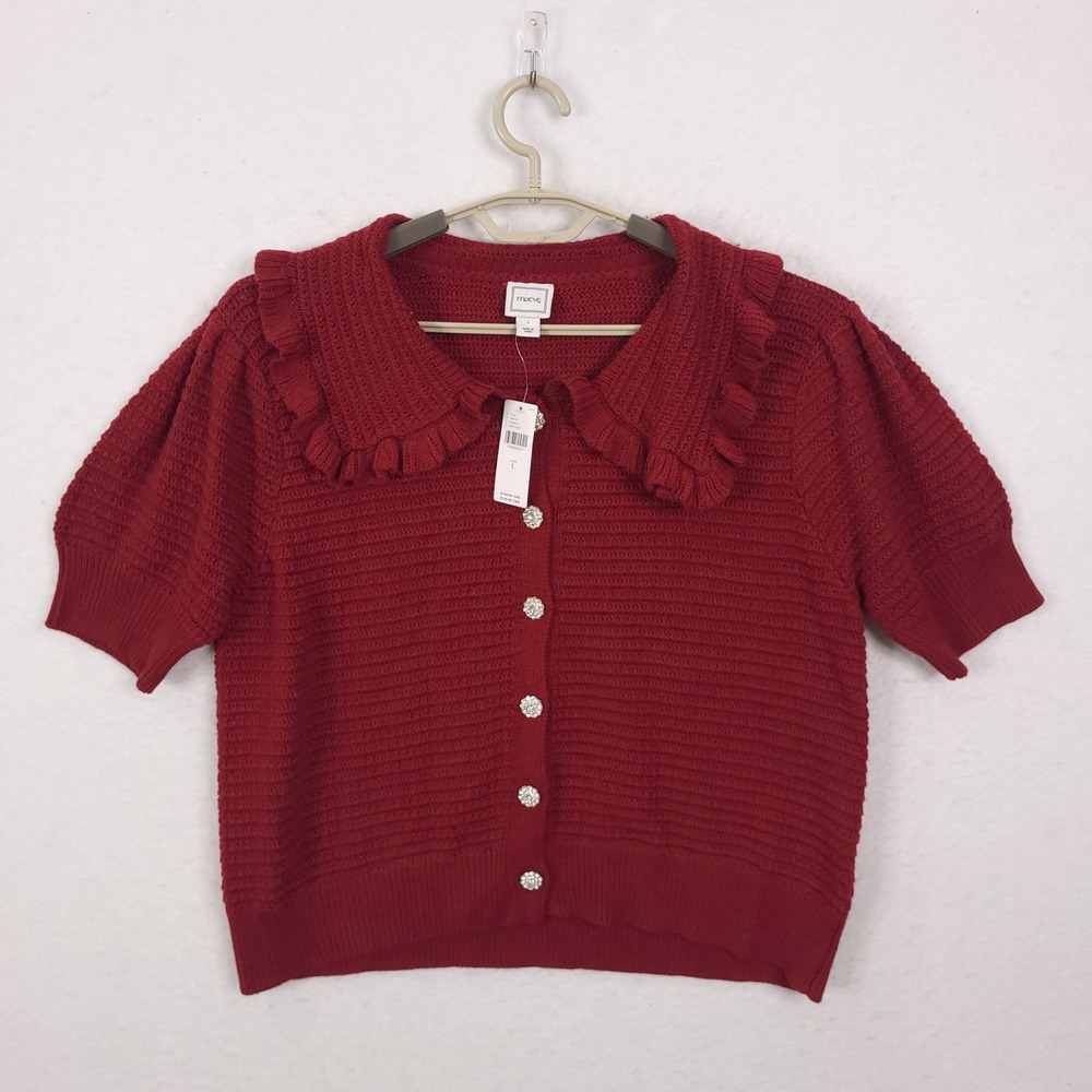 Maeve Cardigan  L Deep Red Ruffle Collar Rhinestone Button Short Sleeve NEW
